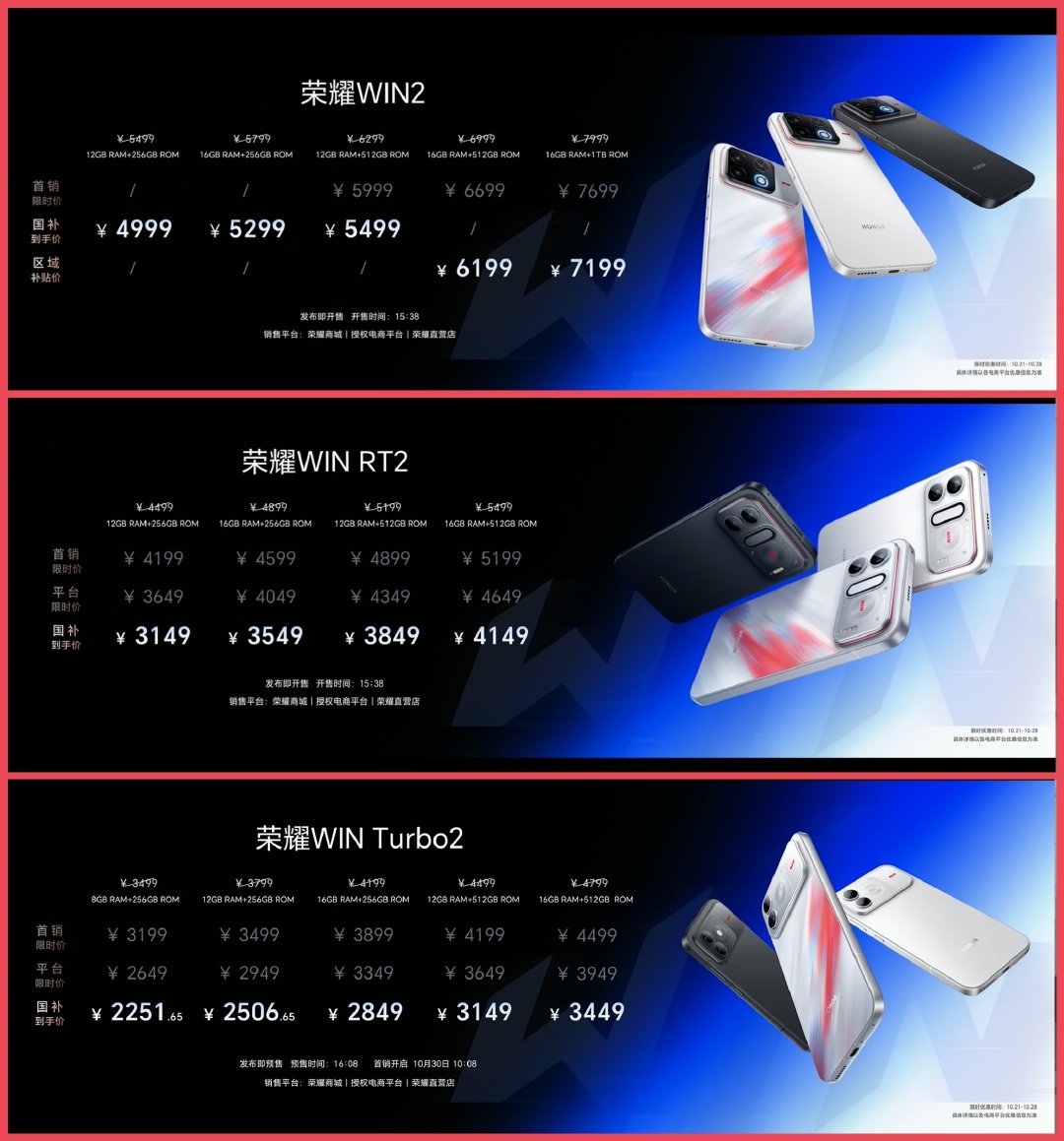 荣耀WIN 2系列发布，WIN 2国补4999元起，RT2 3149元起，Turbo2 价格2251元起，双风扇的电竞游戏手机，打游戏更过瘾 #荣耀WIN2##荣耀WIN2年度T0电竞夯机##荣耀win2系列价格赢到飞# ​