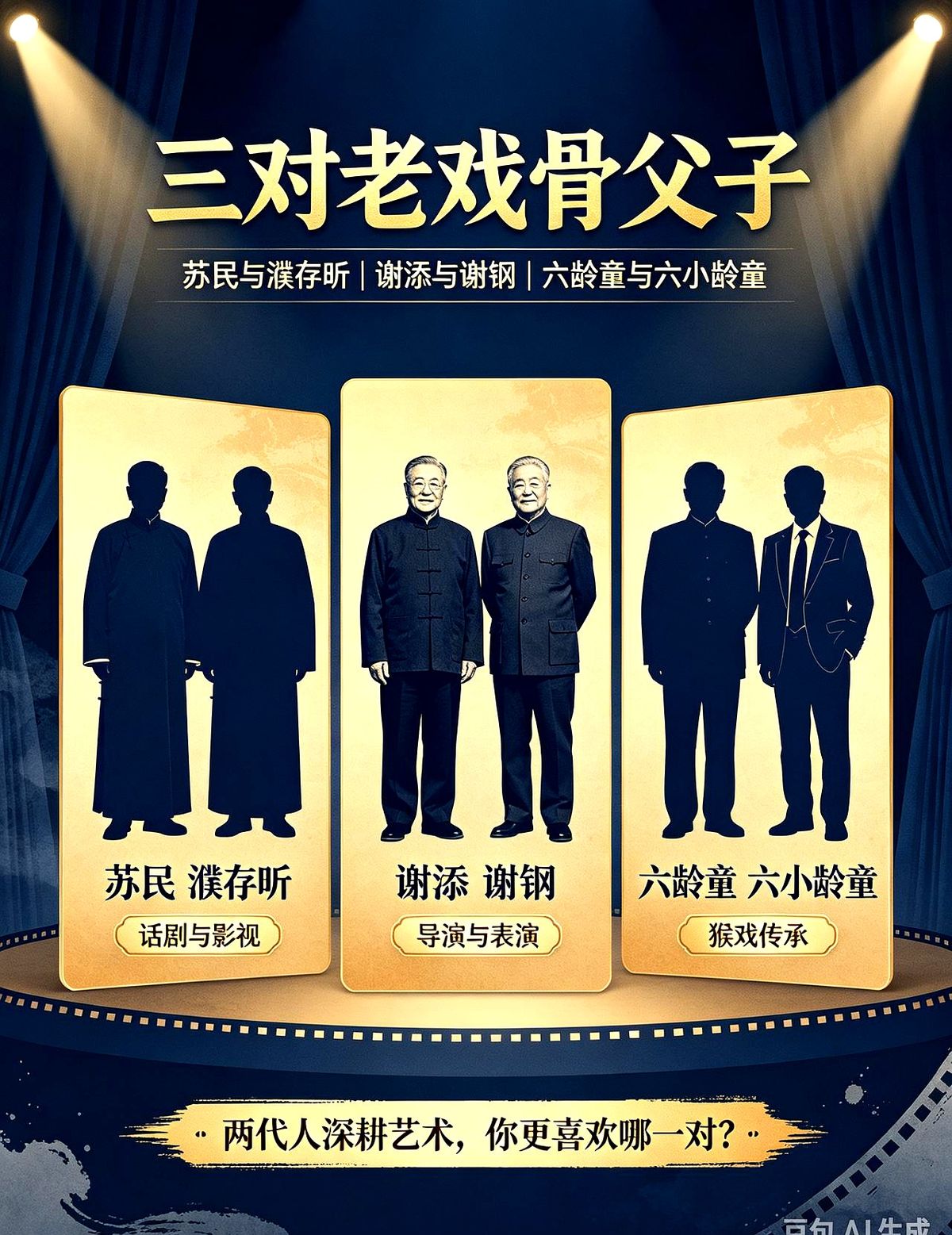 谁说星二代全是拼爹烂泥？这三对父子硬生生把演艺圈的饭碗砸碎了重新淬火。

六小龄童抡起金箍棒前，他爹六龄童早把绍剧猴戏的跟头翻碎在戏台木板上。

濮存昕顶着一张儒雅脸横扫荧幕，转头就扎回剧场，跟他爹苏民一样，死磕每一句台词的重音。

谢钢从不提老爹谢添的名字。老头子拍了一辈子戏，儿子就闷头琢磨镜头，