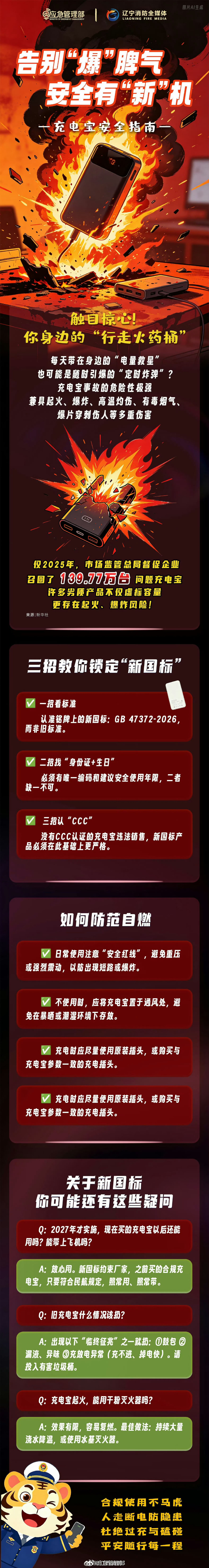 【#充电宝怎样使用才安全#？】充电宝是人们日常出行的“标配”，在享受便利的同时，千万别忽略它的安全风险。 #建议大家少用这种充电宝#识别新国标充电宝看执行标准、唯一编码、建议安全使用年限3点。除此之外，该如何防范充电宝自燃？戳图[话筒]​