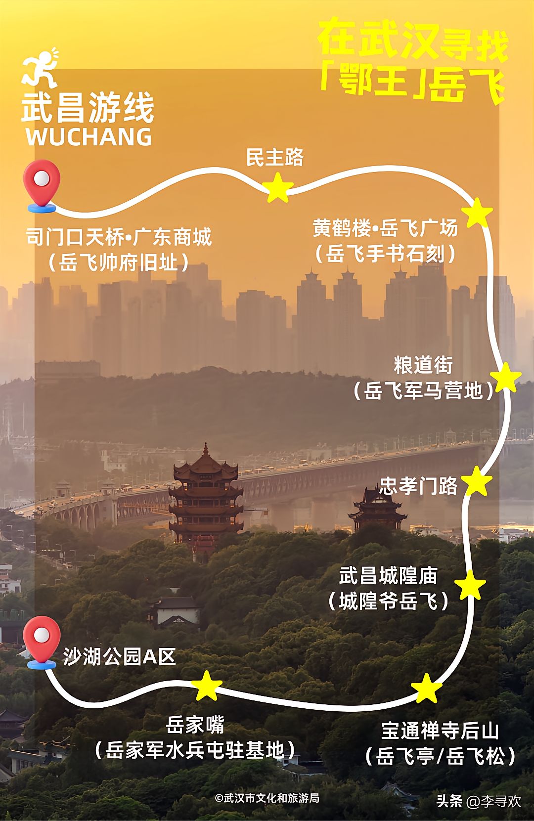 武汉文旅总算是开窍了，终于开始好好宣传岳飞。稍微懂点历史的都清楚，岳飞曾以武昌作为大本营屯兵抗金，死后被追封鄂王，后裔定居黄梅、武穴，岳家拳也在当地代代传承。黄鹤楼下就是当年岳家军帅司旧址，这里还有全国最早的岳庙遗迹，岳飞亭静静伫立。
 
过去大家提起武汉，第一印象只有樱花，很多湖北本地人都不知道这