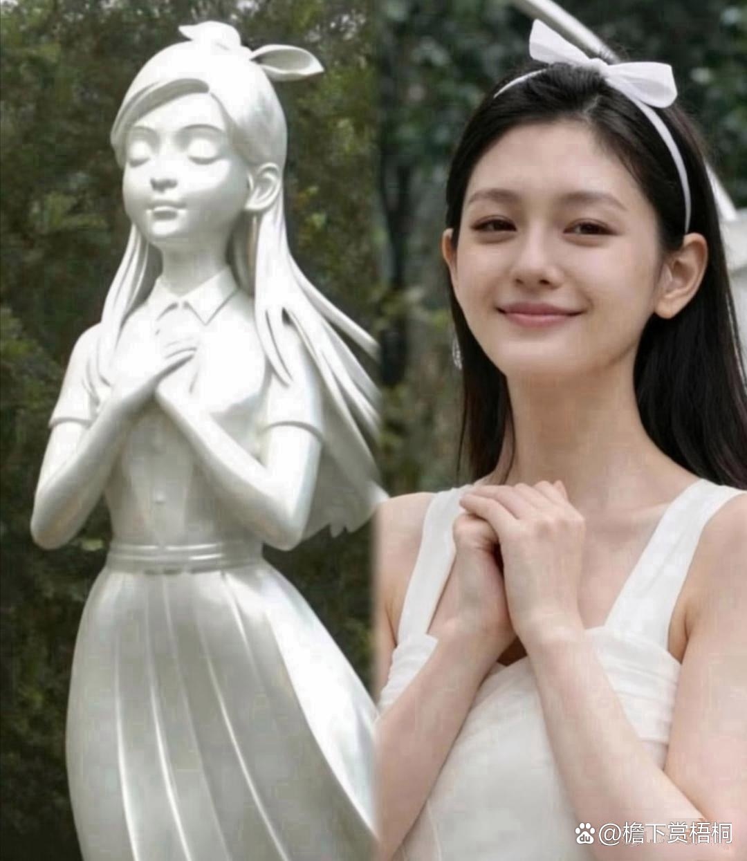 同样是雕像，第一张是大S，第二张是李玟。大s的是具俊晔设计的，李玟的是专业人士设计的。大S的是汉白玉主体，深灰色大理石基座，李玟的是镜面不锈钢。大S的像个普通少女，双手抱胸，闭眼微笑，头绑蝴蝶结，身着白色连衣裙。李玟的展开天使翅膀，立于珍珠贝壳上，仿佛COCO从彩虹阶梯的尽头踏浪而来，展 ​