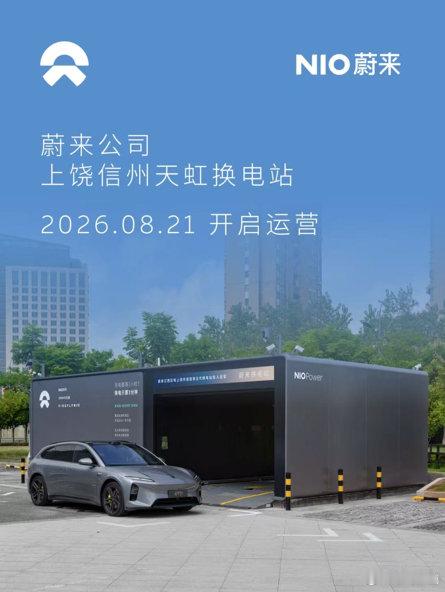 #换电站是电动车的加油站#
蔚来换电站 | 上饶信州天虹 上线
周边3公里覆盖9大核心商圈、10大办公园区、48大住宅群
截至8月21日，蔚来已在江西省布局82座换电站，在全国布局4027座换电站
#蔚来换电去哪都方便# ​