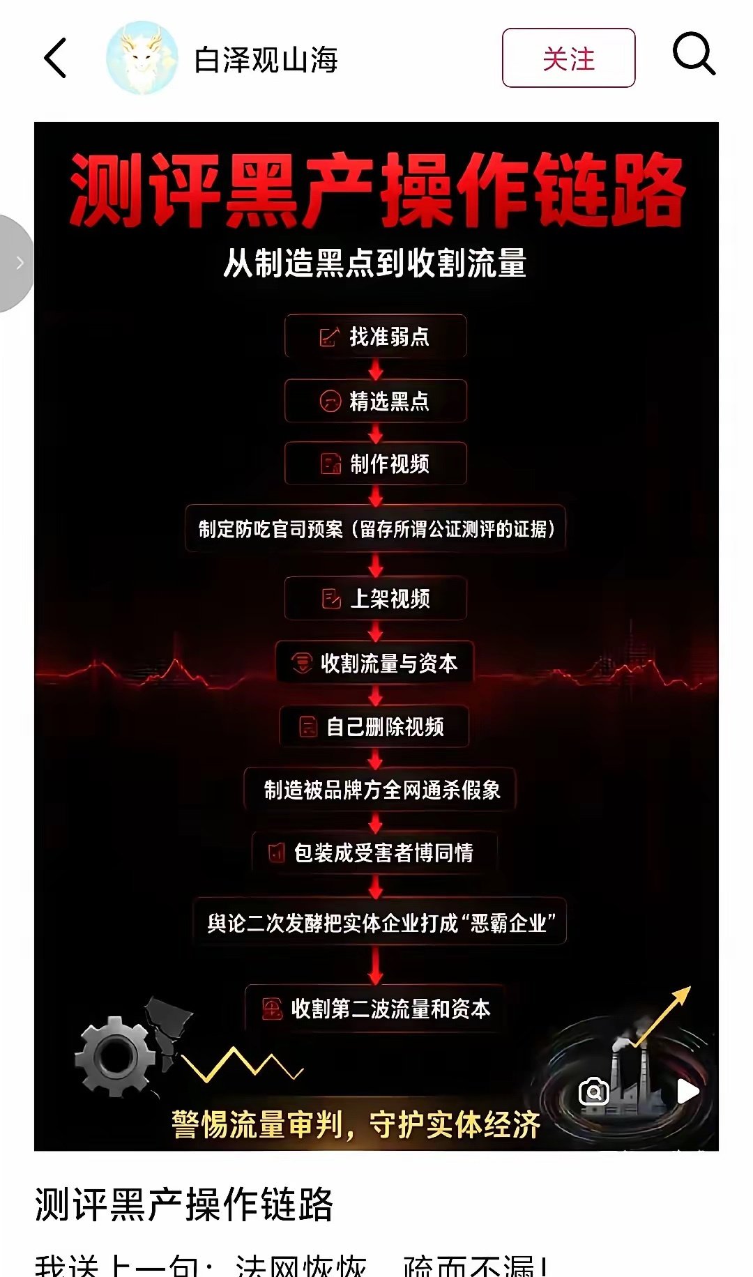 博主“白泽观山海”拆解出一条测评黑产流程：视频其实是账号自己主动删的。
回头在网上喊冤说自己被实体企业全网封杀，反手还能博取同情再赚一波。
第二次收割来的流量与资本到底怎么防，市面上至今没有现成的解法。 ​
