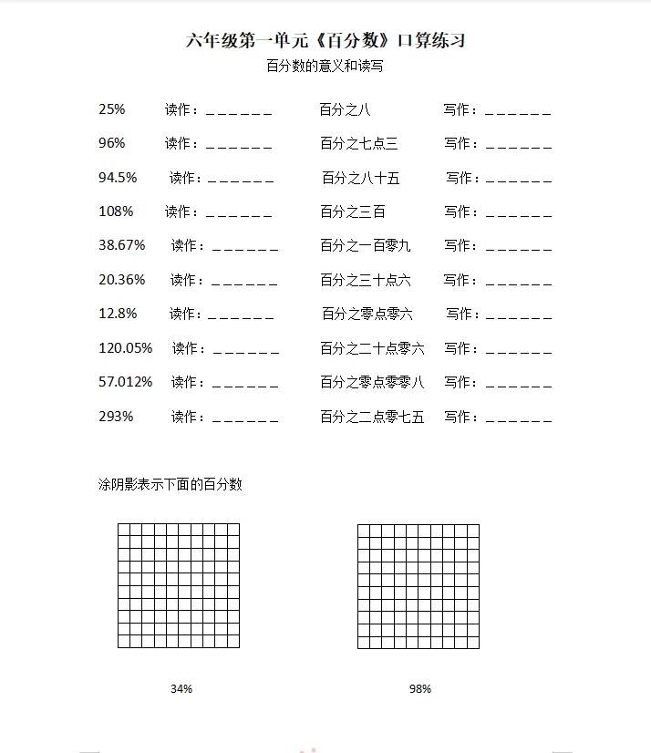 六年级《百分数》口算题卡