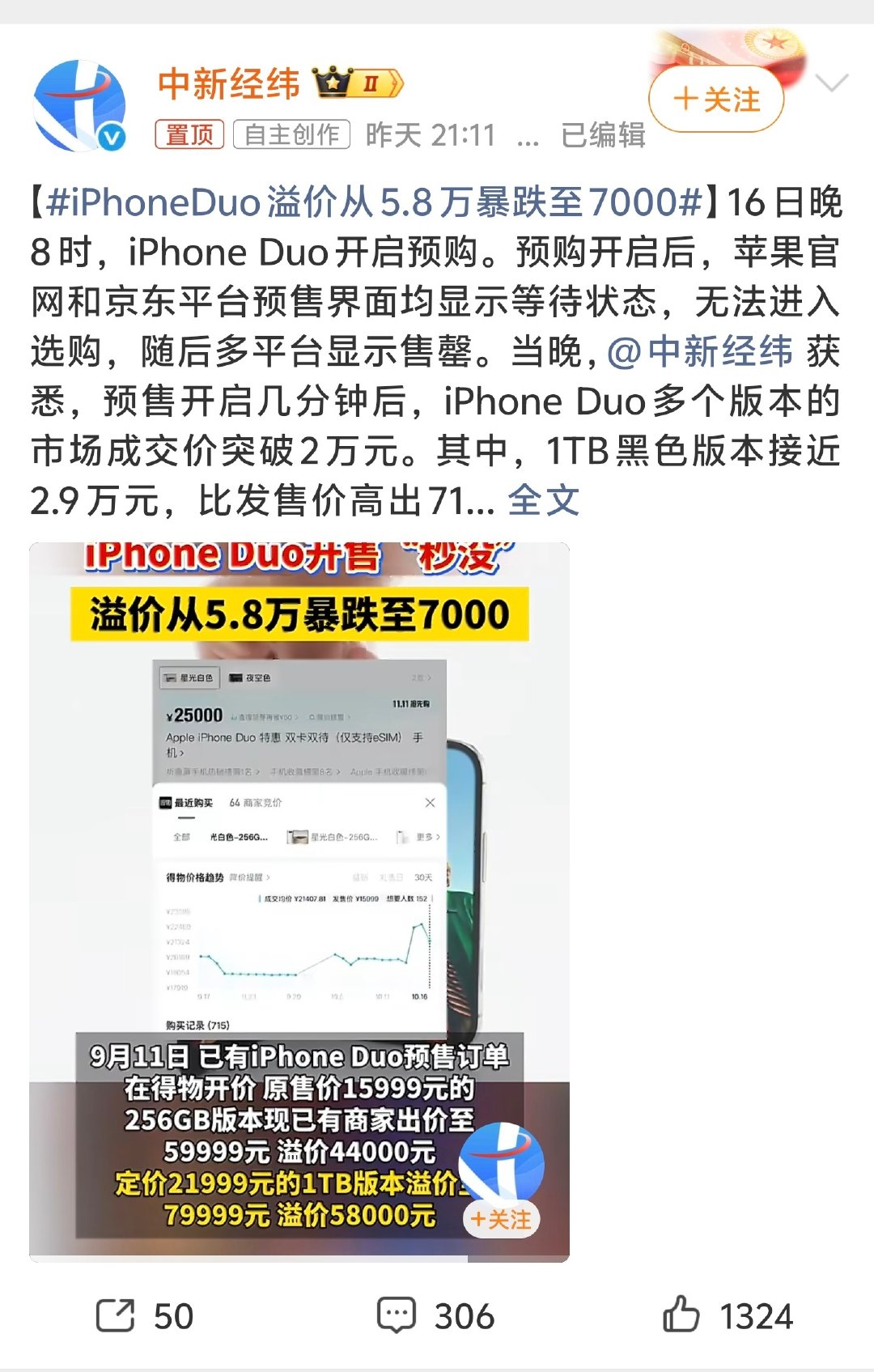 #iPhoneDuo溢价从5.8万暴跌至7000#别说溢价5.8万了，就是原价我也不买啊[允悲][允悲][允悲]。真要买还是先去门店体验体验，看看没有长焦、没有实体sim卡的这些问题自己能不能接受。真要买，也等价格正常了再入手。现在加价买就是浪费钱～ ​