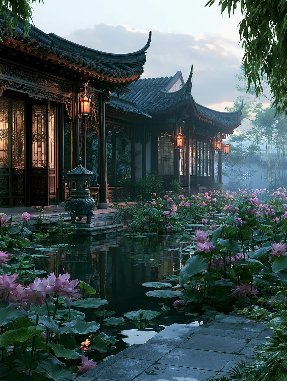 亭台枕荷塘，晚风穿廊榭。