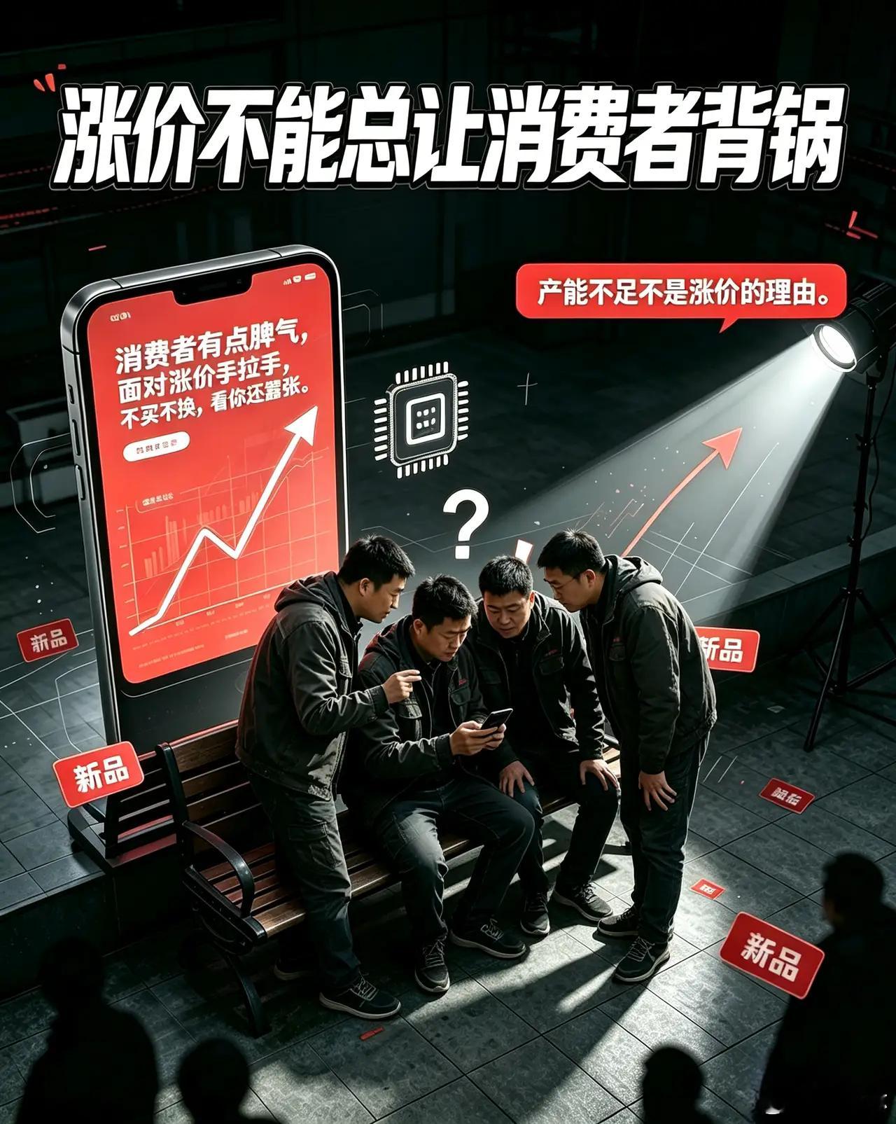 手机集体涨价，消费者却集体“躺平”？这届消费者是集体觉醒了，还是穷到连韭菜都当不起了？

华为小米们默契抬价，旗舰涨千元、中端涨几百，本以为能收割一波“晚买更贵”的恐慌。结果呢？

门店冷清得导购比顾客多，晚高峰门可罗雀。这波反向操作属实把消费者看乐了。

三四年前的旧机刷视频、支付照 ​