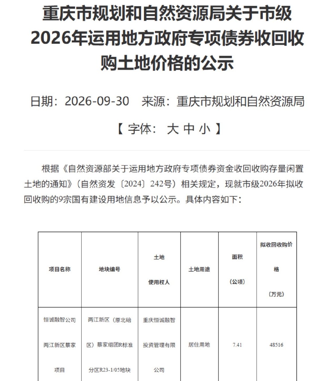 蔡家这块地政府拟4.85亿收回！

北碚区蔡家组团R标准分区R23-1/05地块，土地性质为二类居住用地，土地面积111.10亩，可建体量8.88万方，容积率1.20。

2020年6月28日，颐天康养5.64亿竞得该地块，楼面价6345元/㎡，成交总价：5.64亿元。

什么是专项债收回收购闲置土地？

简单来说，就是利用地方政府专项债券资金，收购存量闲置建设用地。

一方面盘活长期闲置土地资源，消化存量土地；另一方面，收储后的地块后续将重新纳入土地储备，未来可根据城市规划重新出让开发。#蔡家##楼市第一线#