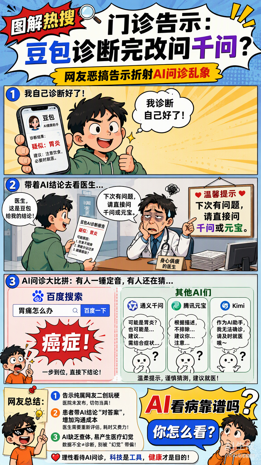 网传那个“豆包诊断完请改问千问”的门诊告示，一看就是网友们的恶搞二创，但这波玩梗确实戳中了不少人的心巴。毕竟以前谁没在百度上搜过病，然后被“癌症起步”吓得半死呢？[泪奔]

现在大家学聪明了，生病先问AI，拿着打印好的“诊断书”去找医生对答案。医生内心OS：我这三十年白读了？这种“交叉验 ​