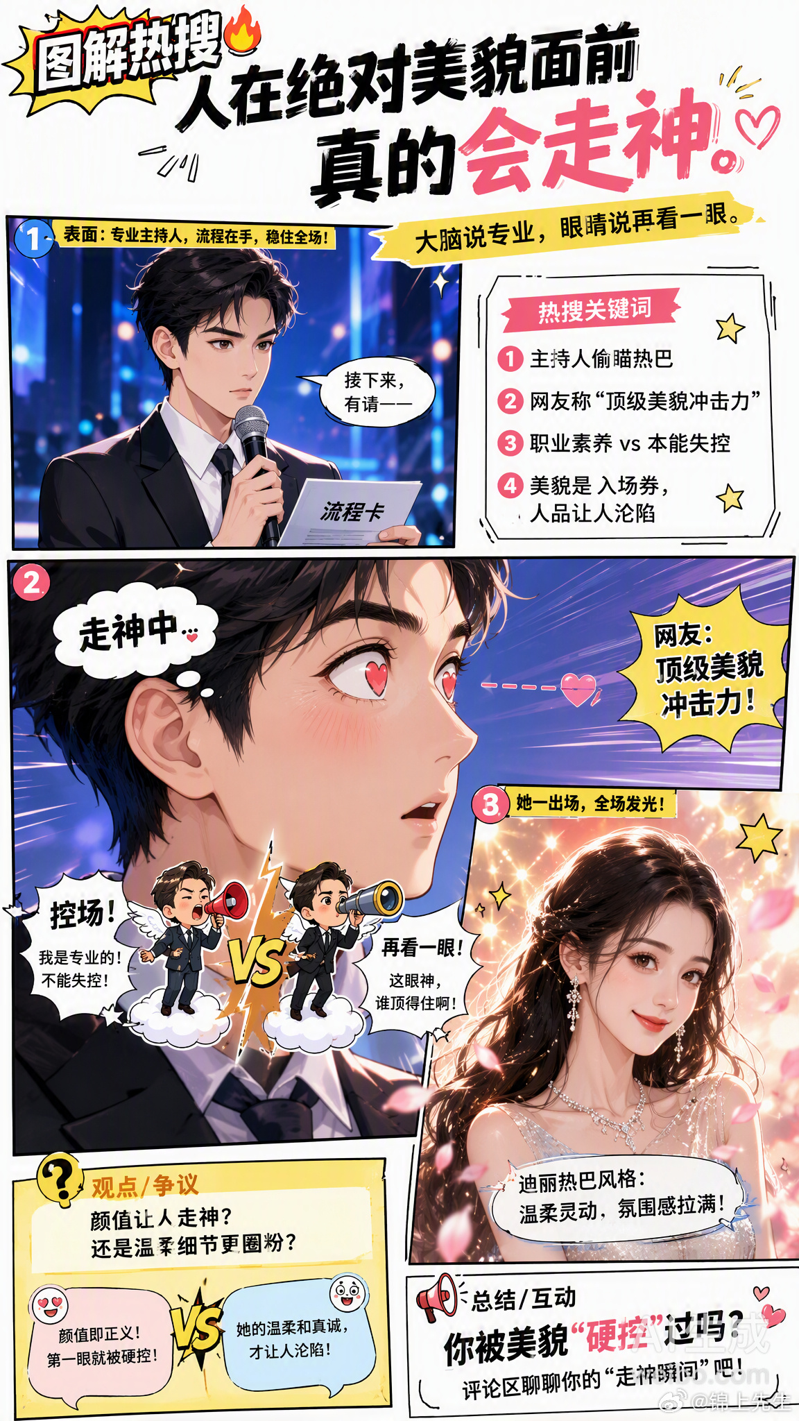 人在绝对美貌面前真的会走神，这话我信了。😳最近主持人林永成在活动上偷瞄迪丽热巴的画面火了，手持流程卡、努力控场，目光却忍不住飘向旁边，认真端详几秒又赶紧收回，循环往复。网友笑称这是顶级美貌冲击力测试现场。说实话，这种职业素养勉强维持，本能却诚实地失控的状态，谁看了不代入？· 大脑：我在工作，要专业· 眼睛：再看一眼，就一眼不止明星，生活中遇到真正惊艳的人，谁没经历过「大脑宕机」的几秒？不过话说回来，美貌是入场券，但让人持续发光的，还是热巴那种「提醒工作人员别挡后排观众」的温柔细节。颜值让人走神，人品让人沦陷。你有过被美貌「硬控」的瞬间吗？👀人在绝对美貌面前真的会走神情感热点创作激励计划情感态度表达