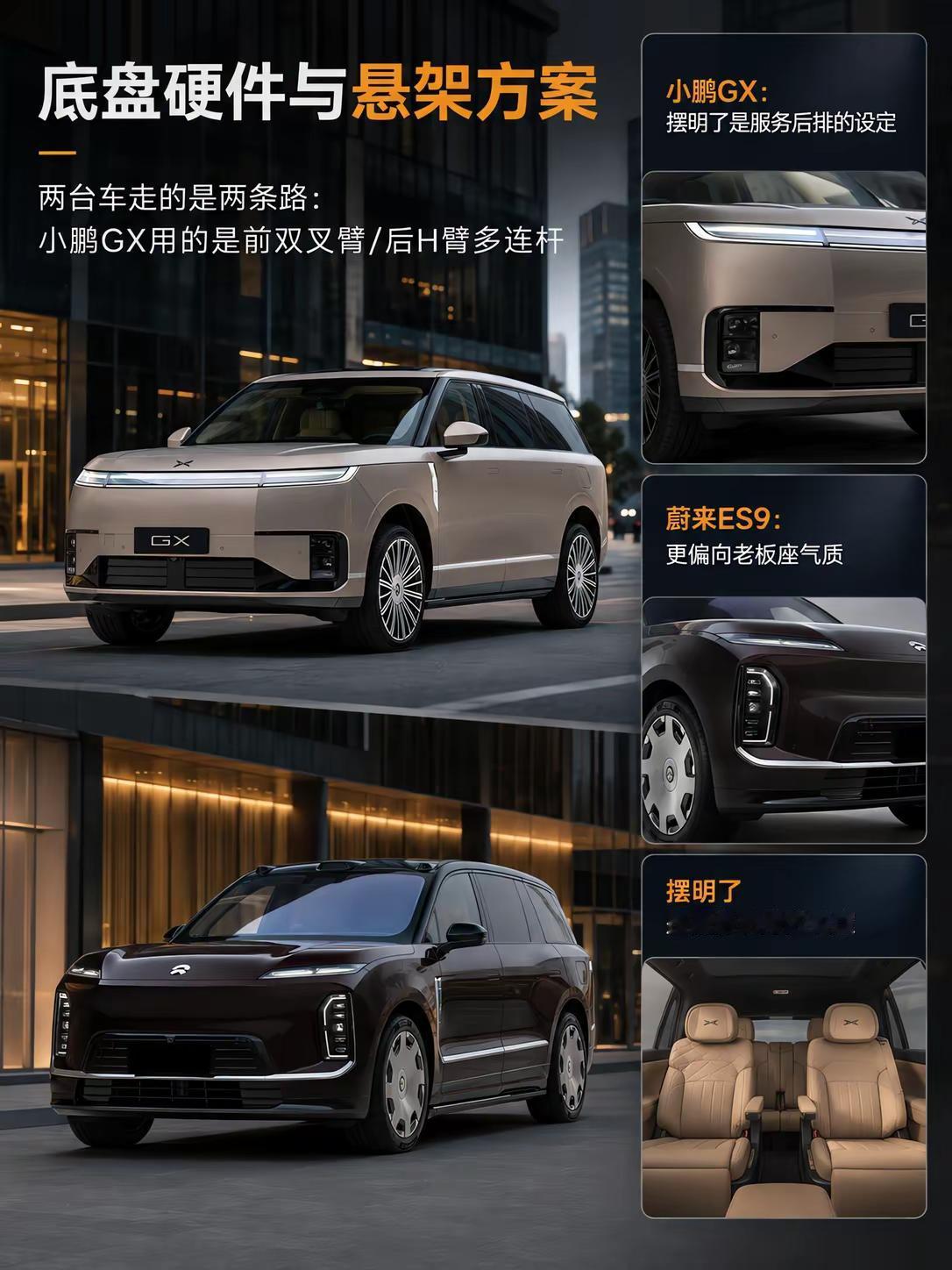 两台六座都拿底盘奖，坐起来思路完全不同。小鹏GX和蔚来ES9都进了2026中国十佳底盘，但这份奖不是“坐感相同”的意思，翻开头悬架方案就能看出取向差很多。🚗 悬架硬件，两台车走的是两条路：小鹏GX用的是前双叉臂/后H臂多连杆，配双腔空簧+CDC；蔚来ES9是五连杆/多连杆独立悬架，行政豪华版给超大行