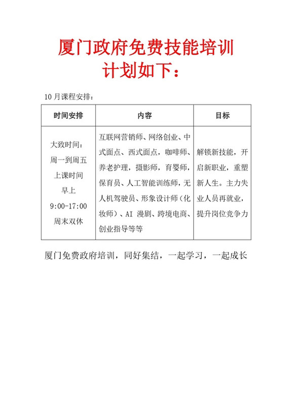 厦门政府将在国庆节后持续面向全市居民大规模开展免费技能培训。
	
18~49岁厦门户籍或非厦门户籍的失业待业人员均可免费学习技能，学费由政府全额承担，涵盖热门工种，电商、短视频拍摄、剪辑、直播带货、账号运营、AI教学、养老护理、咖啡师，摄影师，保育员，育婴师，网络创业，中西式面点师，创业指导，互联网营销，跨境电商，AI漫剧等。
	
厦门各个区都有组织培训，采用线下实操5~7天，专业老师授课，教授实操技能，学完考核通过，颁发国家认证技能证书。
#厦门 #政府免费培训 #职业技能补贴 #学习技能提升自己 #学一技之长 #免费技能培训 #厦门技能培训补贴 #职业技能培训 #学习技能 #职业发展前景