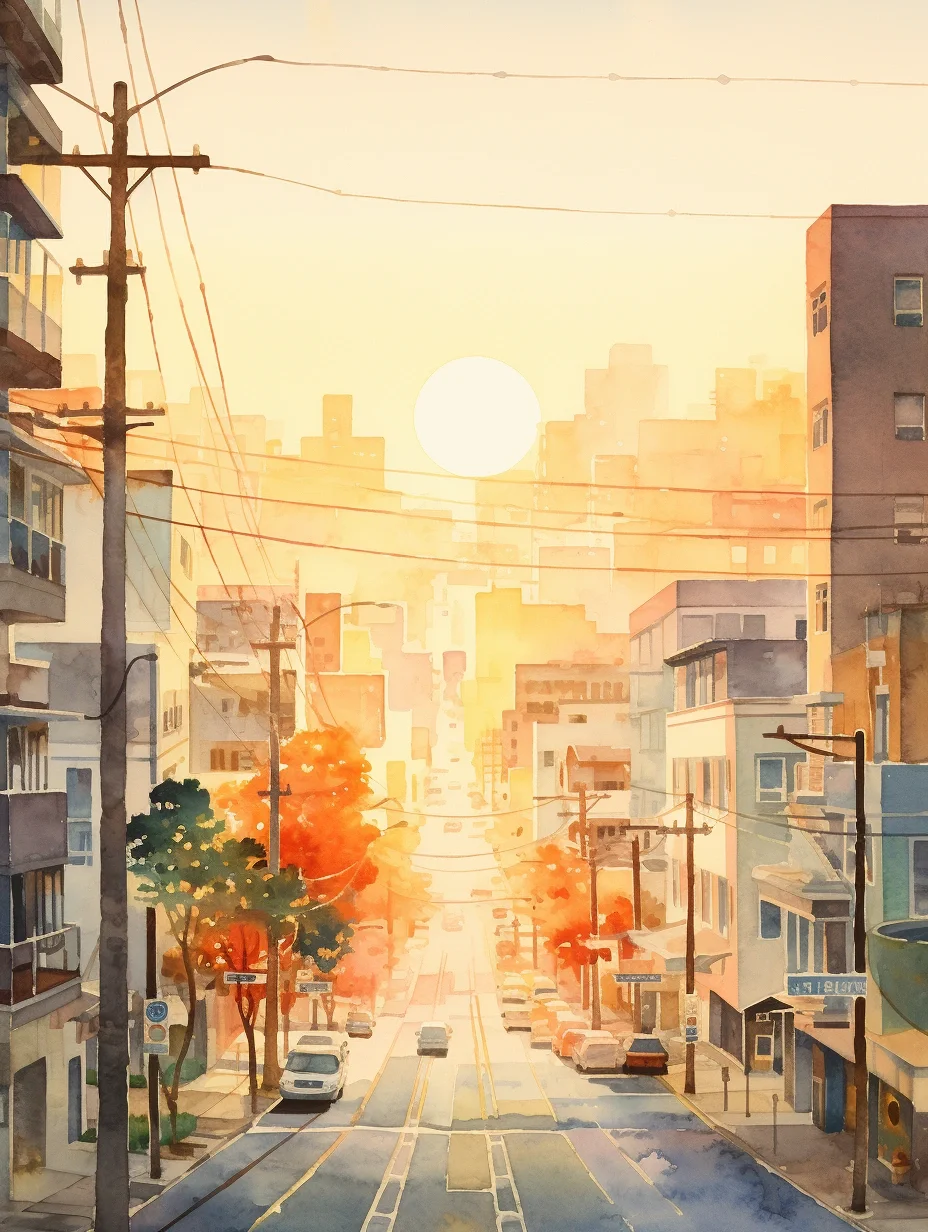 AI水彩：城市里的阳光大道