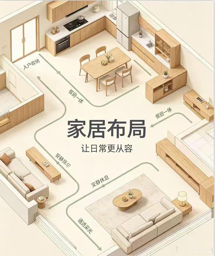 家居布局，不只是好看。优化动线，让日常少奔波；做好采光通风，房间通透不压抑；动静分区，兼顾热闹与安宁；合理规划空间，住得舒展，内心安稳。房子是载体，舒服的格局，滋养每一天的生活。 ​​​