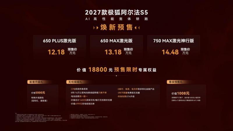 预售12.18万元起，2027款极狐阿尔法S5全系标配激光雷达