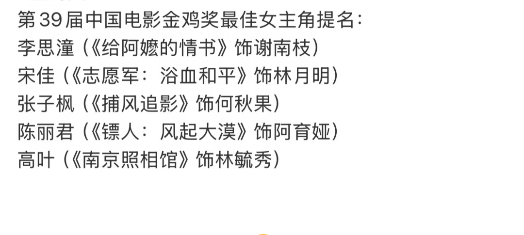 金鸡奖名单公布……大热门辛芷蕾没有提名