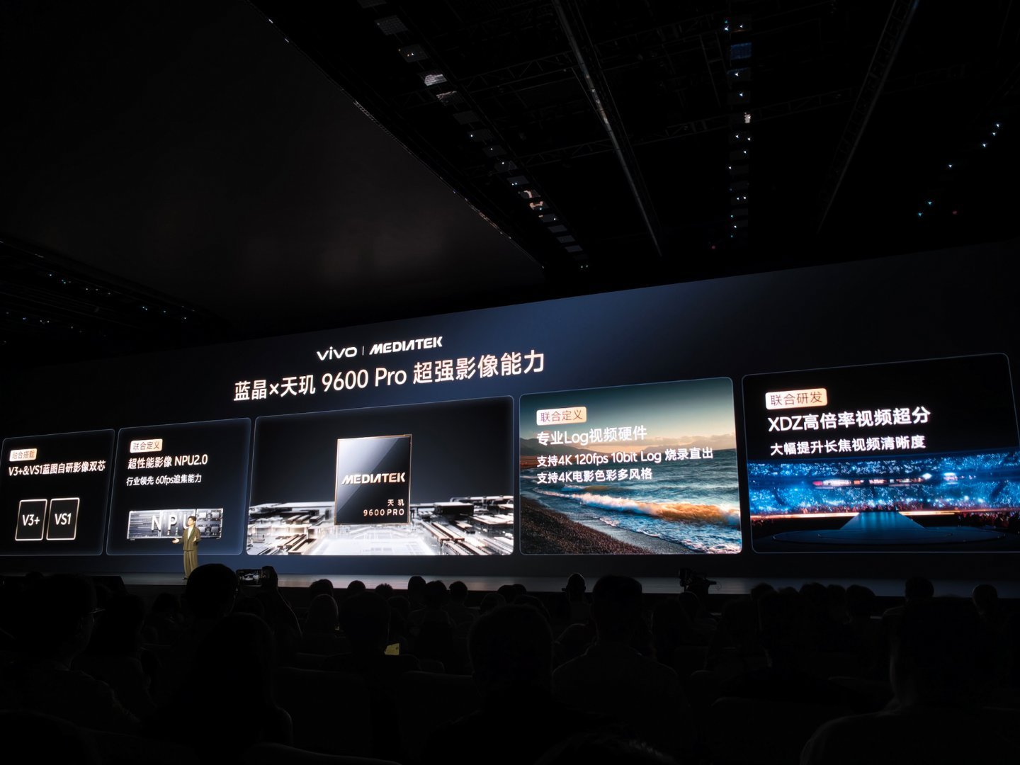 #灭霸500# 站在现场看"蓝晶×天玑9600 Pro"这一整面PPT，最打动我的不是列了多少参数，而是那些标着"联合定义""联合研发"的小字——V3+和VS1是vivo自己的影像双芯，负责算法深度；而天玑9600 Pro这一代的影像NPU2.0，是vivo提前扎进芯片架构里一起做的，60fps实时追焦不是后期软追上去的，是底层算力就 ​