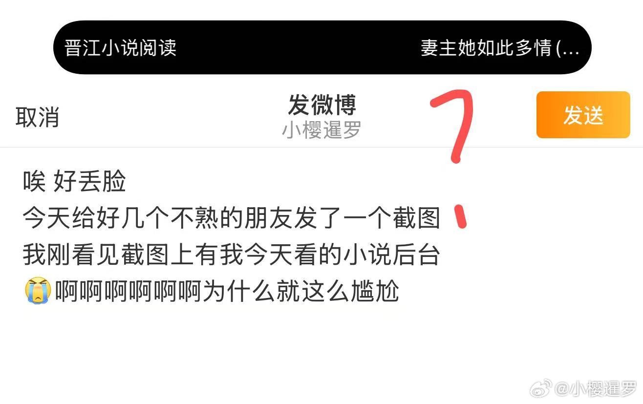唉 好尴尬 平时在网上瞎说我都不在乎今天给好几个不熟的朋友发了一个截图我刚看见截图上有我今天看的小说后台啊啊啊啊啊啊为什么就这么尴尬现实里我是正经人的[疑问][疑问][疑问]晋江你的小说都什么成分心里没数吗？你整个后台啥意思啊？？？ ​​​