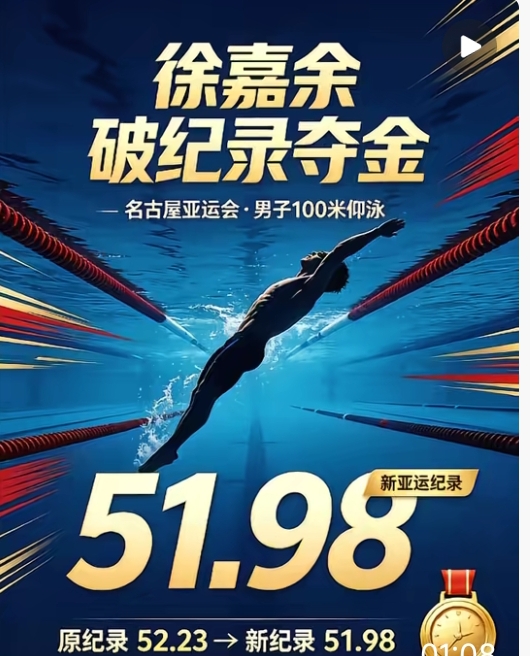徐嘉余100米仰泳成功卫冕！刷新亚运赛会纪录🥇
 
名古屋亚运会游泳赛场，男子100米仰泳决赛落下帷幕。
 
老将徐嘉余展现出强大实力，从出发之后就牢牢占据领先位置，全程发挥稳定，最终拿下这一枚宝贵的金牌，实现该项目亚运会卫冕。
 
不仅收获金牌，徐嘉余还刷新了本届赛事的赛会纪录。坚持与汗水，换来了