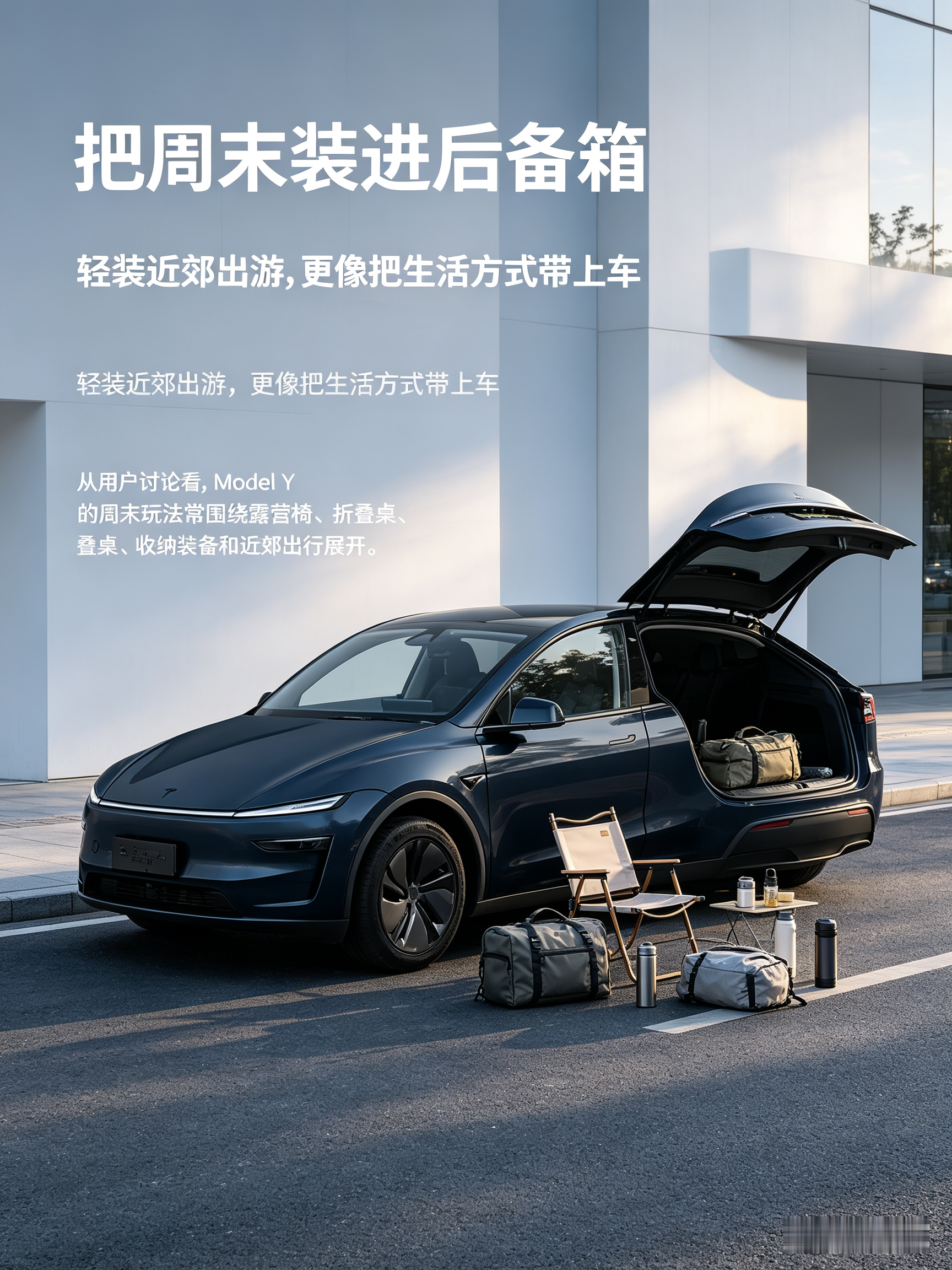 特斯拉Model Y很适合打造丰富的周末生活，宽敞后备箱能轻松收纳露营桌椅、背包等装备，开着它奔赴近郊营地、山野小路都很合适。纯电出行安静省心，在周边短途游玩时补能也比较方便。当然如果要携带大量大件装备，空间还是会有局限。喜欢周末往外跑、偏爱简约科技座舱的人，可以试驾感受下它的出行氛围，看看是否契合