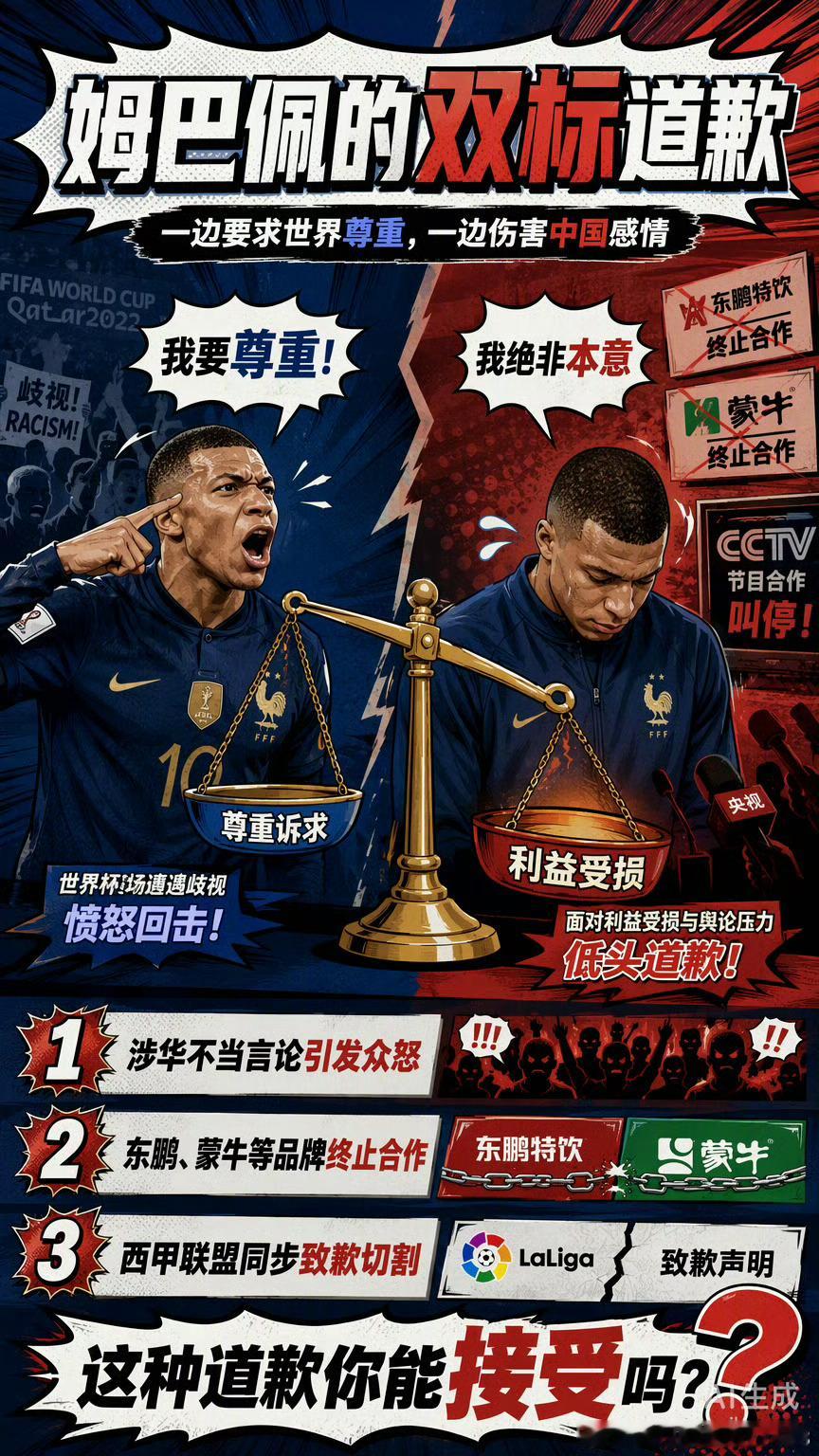 #姆巴佩发表道歉声明#姆巴佩这道歉还是来了！刚被东鹏、蒙牛这些品牌集体解约，就发声明说“言论欠妥”了，这歉你就道吧，我们不接受[怒骂]

这种一边赚着咱们的钱，一边在采访里说坏话的行为，真让人倒胃口。就像你正吃着香喷喷的红烧肉，结果发现厨师往里面吐了口痰，哪怕他事后说“我不是故意的”， ​