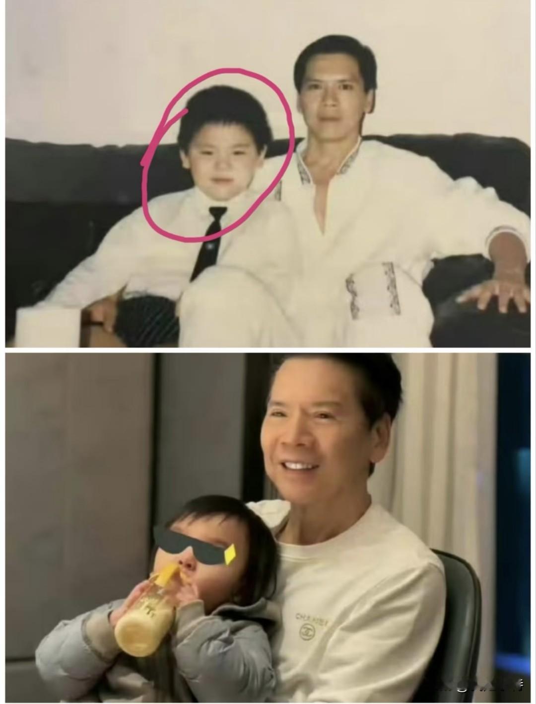 这就是所谓的隔辈亲吧。向华强和儿子合照时，不苟言笑，异常的严肃。和孙女合照时，慈眉善目，满脸的笑容。
