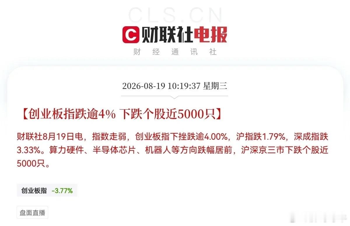 今天跌麻了，两市接近5000家个股下行，吃大面的一天。三大指数全线低开杀跌，创业板一度跌近4%。

下跌不完全是外围拖累，昨晚高位题材风险降温信号，叠加隔夜美股科技大跌，双重因素共振。
大科技全线重挫：机器人板块大跌超6%，半导体跌超5%，存储芯片、商业航天、算力概念同步大幅回调。前期高位题 ​