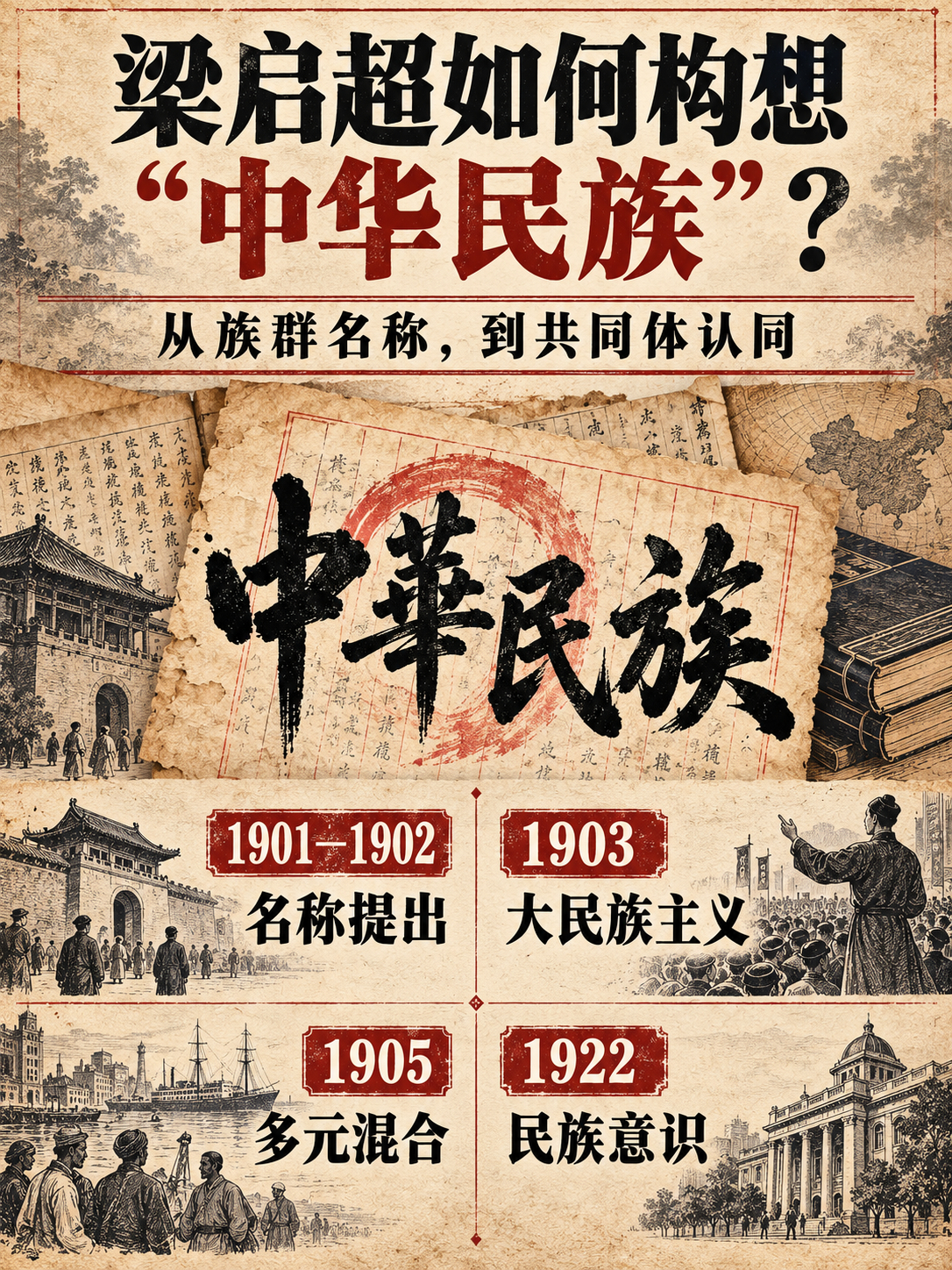 梁启超在清末民初如何构建“中华民族”这一概念？Claude对此解答：

梁启超在清末民初先后提出"中国民族"”中华民族"”大民族主义"，并对"中华民族"作了"多元混合"的历史解释，后来又给出以"自我认同"为核心的定义。

他把一个原本带有汉族中心色彩的说法，逐步改造成了涵盖国内各族、与国家疆域相对应 ​