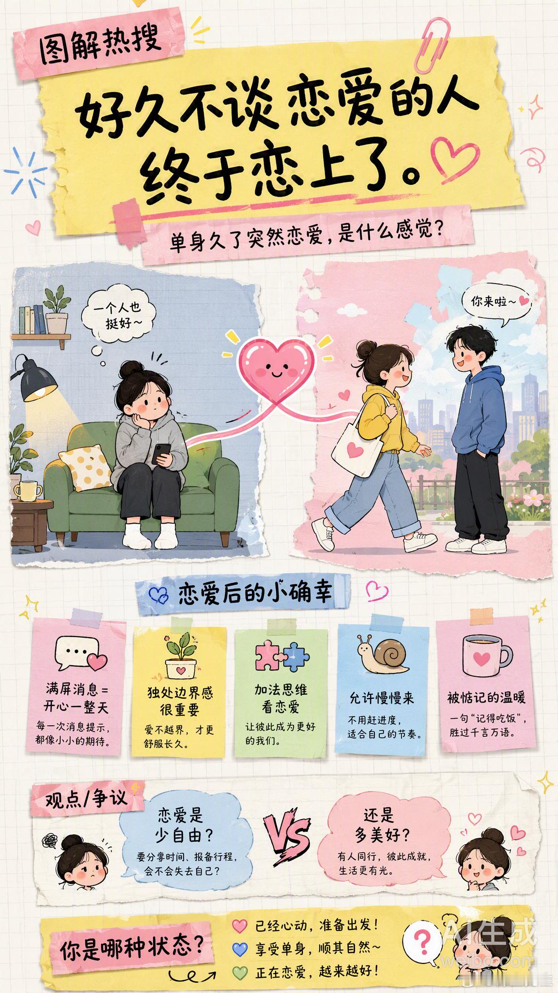 好久不谈恋爱的人终于恋上了 这个话题真的戳中很多人！最近热搜上这个话题引发了不少共鸣，评论区里大家都在分享自己的故事：✨ 有人单身久了，突然收到满屏消息，开心到冒泡✨ 有人习惯了一个人的节奏，突然多了一个人，反而有点紧张✨ 也有人发现，原来恋爱不是少了一份自由，而是多了一份被惦记的温暖心理学家说，长期单身后重新进入恋爱，最大的挑战不是“爱不爱”，而是怎么在两个人的世界里，还保留住自己的边界感。几个小建议给正在过渡期的你：· 独处不是缺点，清晰的边界感是珍贵特质· 用“加法思维”看相处：恋爱是多一份美好，不是少一份自由· 允许自己慢慢来，不用逼自己立刻全身心投入你有没有类似的经历？从单身切换到恋爱模式，最难适应的是什么？情感热点创作激励计划情感态度表达