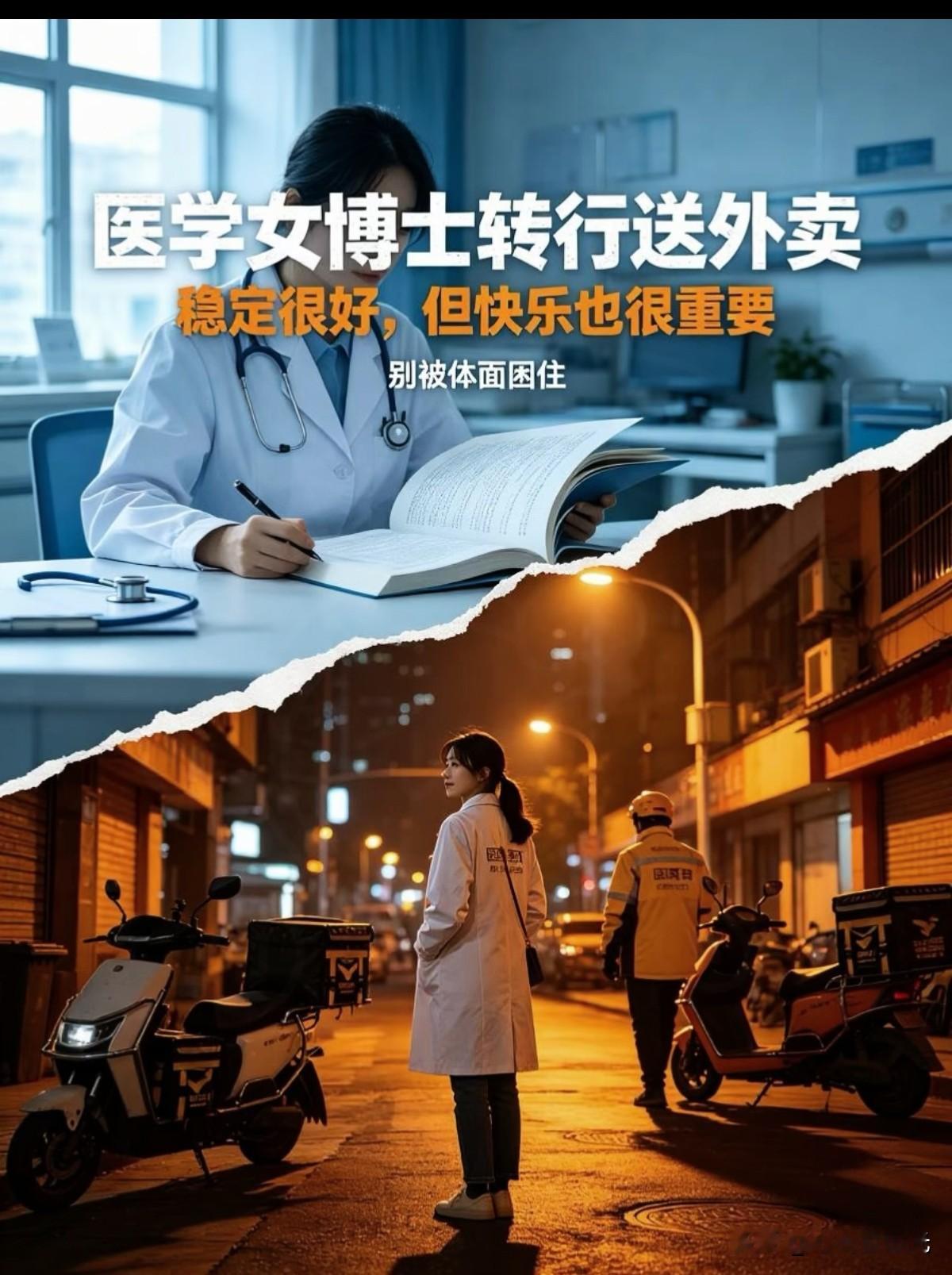 31岁医学精神科女博士辞职，送外卖🔥

最近刷到这件事，真的狠狠颠覆认知！全网吵翻。

有人惋惜，有人狠狠共情
她曾在三甲医院精神科工作，拥有医生这个职业的标签，也拥有一份体面的收入。

她辞职了，成为外卖骑手，在街头撒热米，也成为酒吧里的驻唱，在烟酒味中呐喊。

看到精神病专业，我就理解了，我表妹