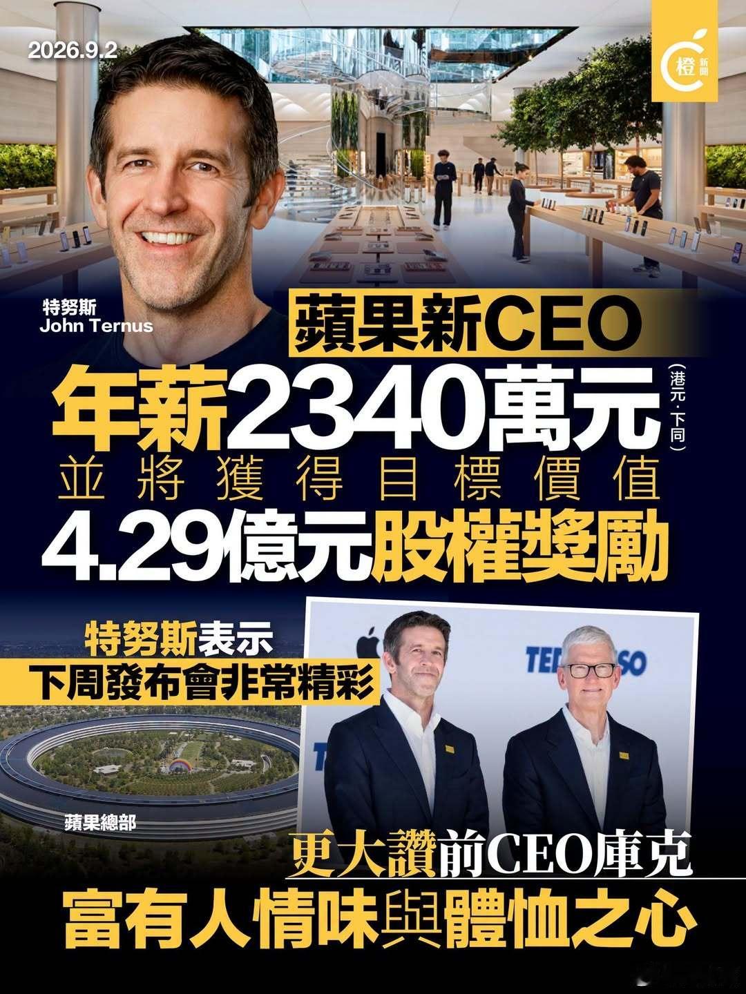 【苹果新CEO预告下周发表会精彩，升职后基本年薪增至300万美元】
苹果公司新行政总裁（CEO）特努斯（John Ternus）周二（1日）正式出任，他向全体员工发送致辞，表示能够接任世界上最伟大公司的这个职位，感到非常荣幸，又预告下周发布会将非常精彩。苹果隔晚股价升2.61%，至325.13美元（约2186元人民 ​