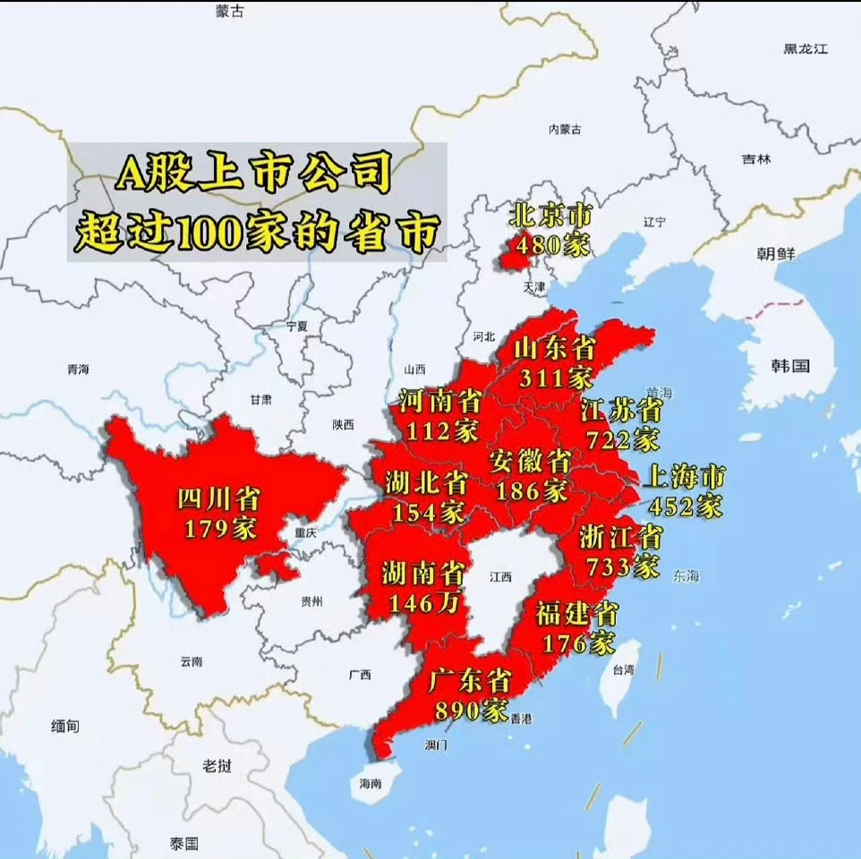 A股上市公司超过100家的省市，江西被环绕了