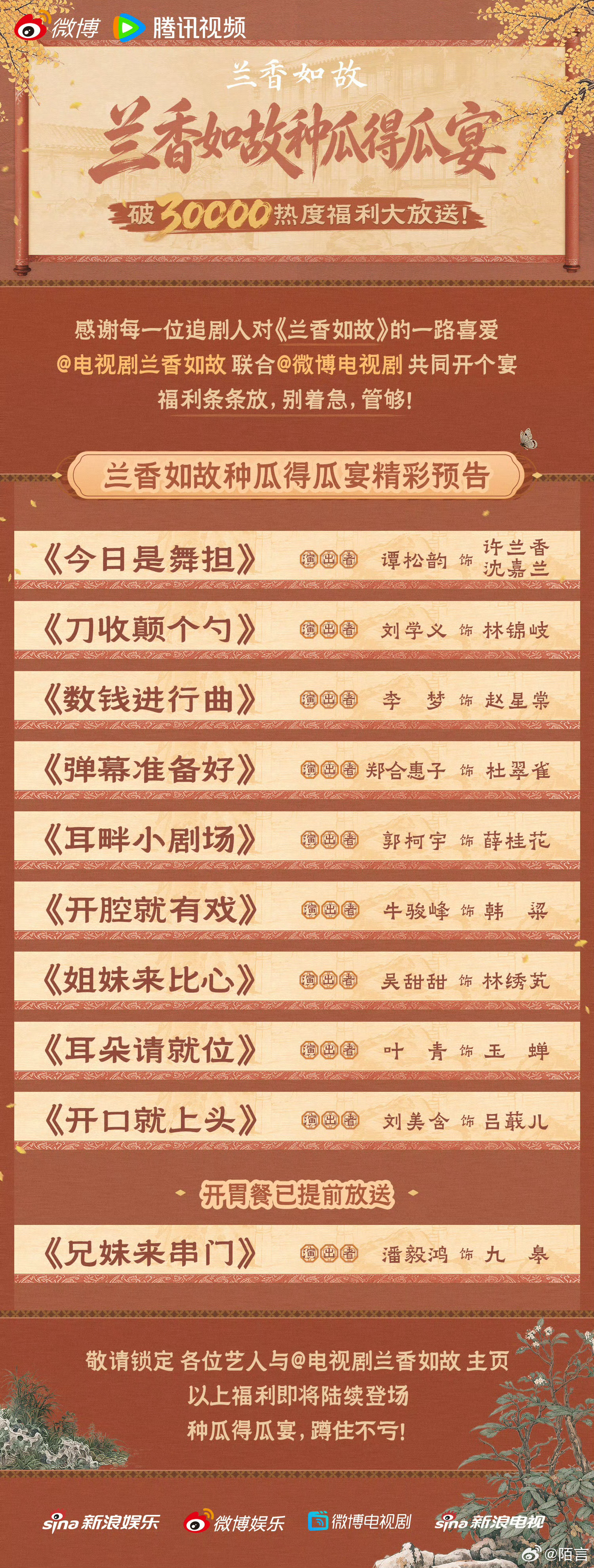 电视剧《兰香如故》因站内热度冲破30000，剧方兑现承诺，办了一场名为“种瓜得瓜宴”的答谢直播，被网友戏称“破3万福利办了个春晚”。  一、活动性质- 触发条件：剧集在腾讯视频开播仅5天，站内热度值即