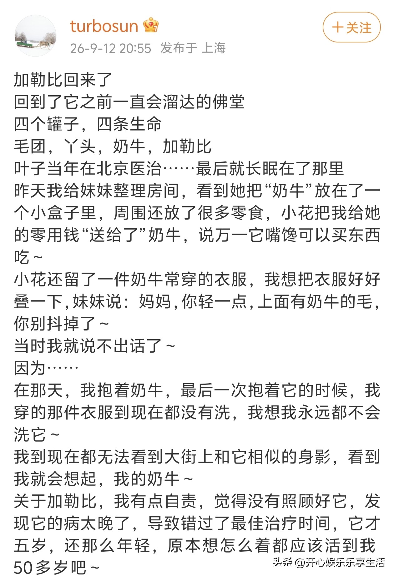 看了孙俪写给已离世的宠物们的长文，我哭了。养过宠物的都知道，它们于我们而言就是家人。

孙俪收养了很多流浪的可怜动物，看着毛孩子们慢慢长大，却又不得不忍受它们离开的痛苦。

四个罐子，四条生命。毛团，丫头，奶牛，加勒比，孙俪一一送别了它们。

小花也和母亲孙俪一样，是个特别善良的人，她把狗狗“奶牛”