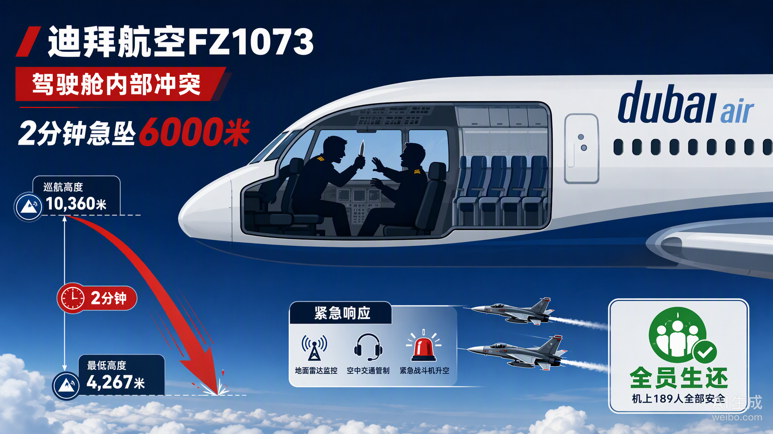 万米高空的驾驶舱本该是安全防线最严密的地方，没想到这次危机竟然来自内部。

迪拜航空那架飞往特拉维夫的航班，在两分钟内从一万多米的高度急速俯冲，垂尾方向舵都差点给甩没了。这种极端的机动动作背后，不是机械故障，而是一名副驾驶拿着折叠刀在攻击机长。

我们在讨论这起事件时，往往会被“劫机 ​