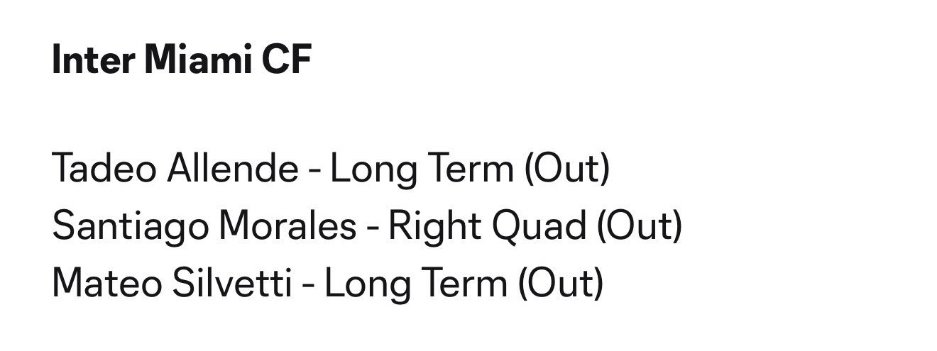 迈阿密国际伤病名单更新：贡萨洛·卢扬、米卡埃尔、雷吉隆伤愈。

目前，伤病名单中仅剩阿连德、莫拉莱斯和西尔维蒂。迈阿密国际此前发布公告称，西尔维蒂已成功接受左肩手术。

 #迈阿密国际[超话]# ​