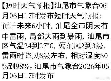 【短时天气预报】汕尾市气象台06月06日17时发布短时天气预报：预计未...
