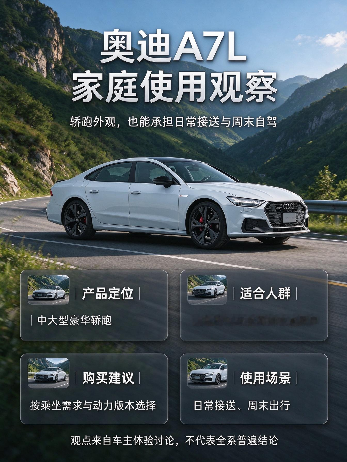 奥迪A7L是国产加长后的中大型豪华轿跑，保留了原版溜背造型，颜值很有辨识度。3026mm的长轴距把后排空间做了提升，打破了轿跑后排局促的通病，5座布局，兼顾家用属性。
动力提供2.0T和带48V轻混的3.0T版本，有前驱和四驱可选，油耗区间7.4-8.6L/100km。既能满足日常接送家人、带长辈出