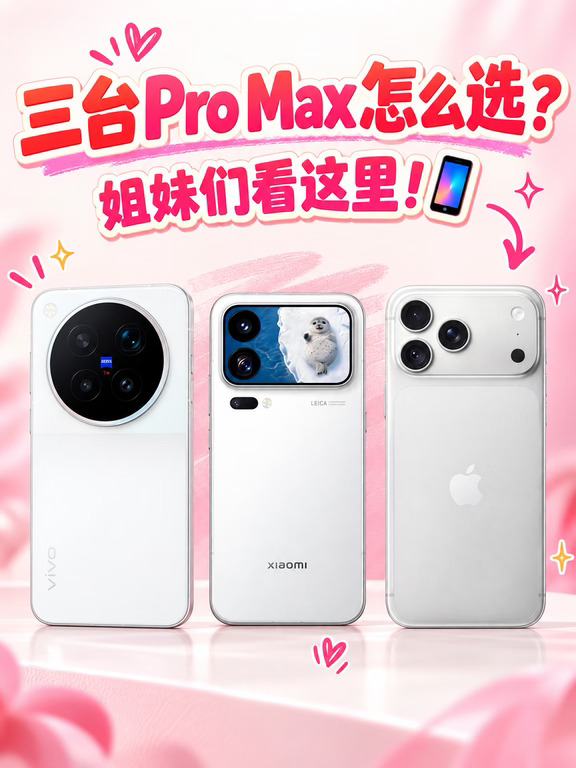 三台Pro Max怎么选？姐妹们看这里！📱
	
姐妹们！最近这三台 Pro Max 真的很有看点📱 一个苹果、一个小米、一个vivo，到底怎么选？先给你们掰扯明白👇
🍎 iPhone 18 Pro Max A20 Pro＋可变光圈主摄，视频这块依旧是苹果的舒适区，Pro控制也给得很足。平时主要拍日常、拍视频，又已经在苹果生态里的姐妹，拿它真的省心，不太需要研究一堆参数。
	
📸 小米 18 Pro Max 目前官宣了2nm旗舰平台、徕卡双2亿影像和新一代M11超级像素屏，部分细节还要等9月23日发布。喜欢研究参数、喜欢放大看细节、还爱折腾各种功能的数码党，可以蹲一下。
	
💙 vivo X500 Pro Max 这台我觉得真的挺适合“啥都想要”的姐妹：目前官宣的2K屏，在这三台里是唯一已经明确坐实2K的；影像还有蓝图×索尼定制的蓝图光御900，最高17EV动态范围，主摄和长焦还有CIPA 7.0防抖。拍照、视频、追星、旅行都能直接用。
	
所以姐妹们不用纠结啦～ 苹果生...