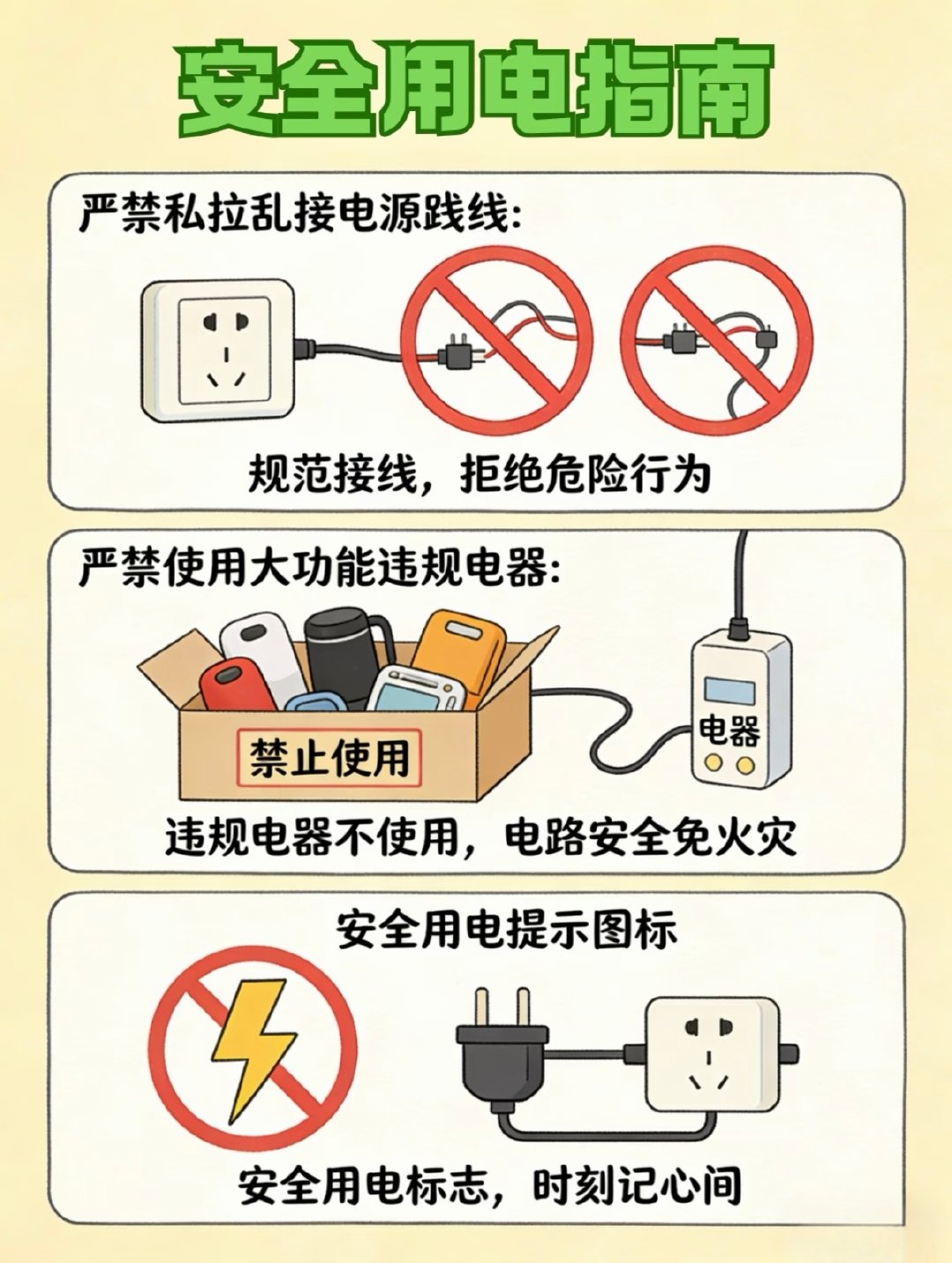 #早安XTU#
       秋冬季节天干物燥，宿舍用电安全不容忽视！离开宿舍记得断电，拒绝违规大功率电器。安全无小事，防患于未然。早安，今天也要做自己安全的第一责任人！ (图源:网络)  ​