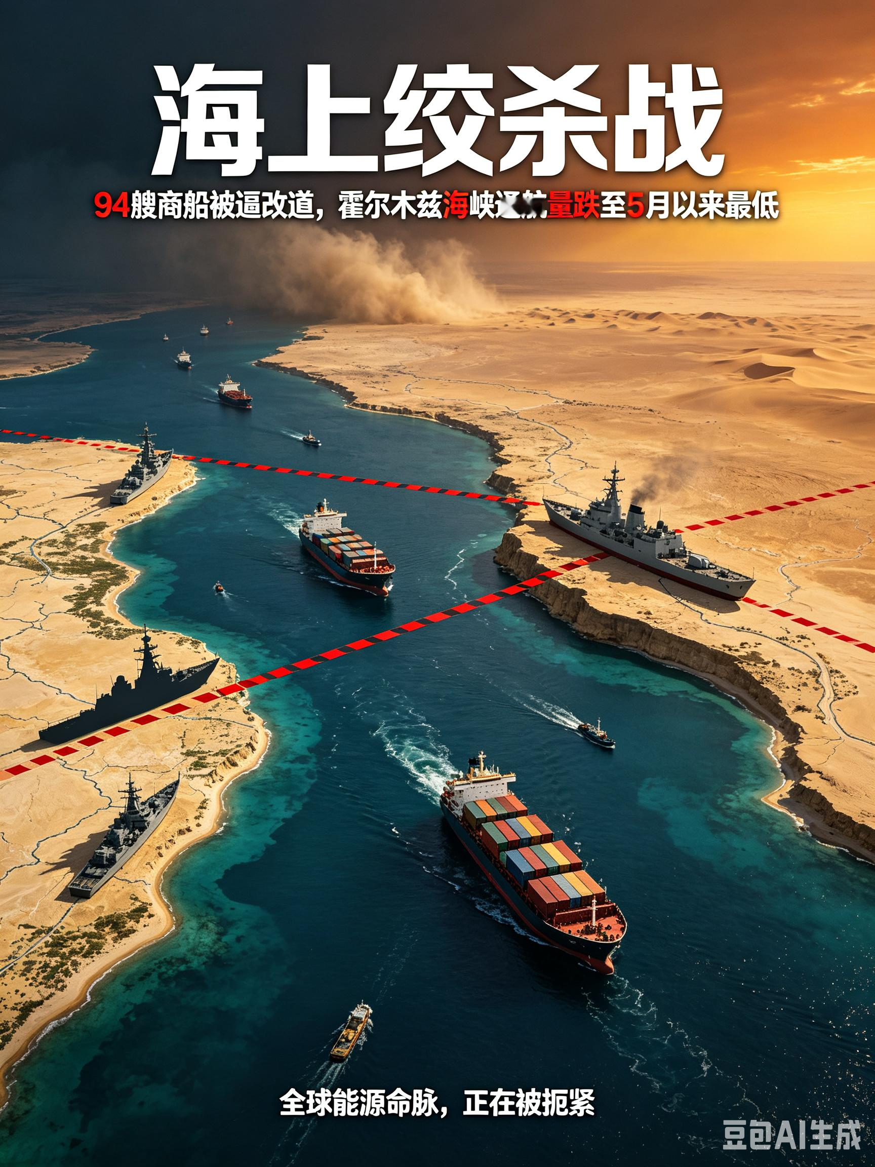 美军封锁令再升级！94艘商船被逼改道，霍尔木兹海峡通航量跌至5月以来最低。 而伊朗的回应更狠——直接在海上划出一片“禁区”，警告任何闯入船只都将被制裁。

一场关乎全球能源命脉的“海上绞杀战”，正在霍尔木兹海峡愈演愈烈。

94艘船被逼改道，美军封锁步步收紧

当地时间9月7日，美军中央司令部发布最