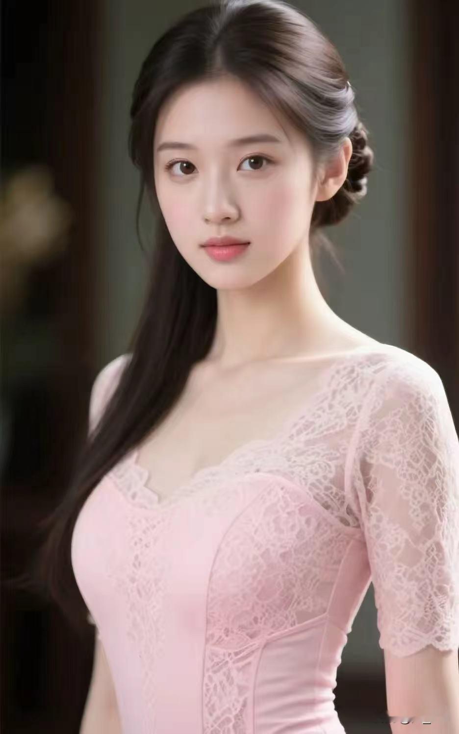 这位小姐姐穿着粉色蕾丝裙，好漂亮！