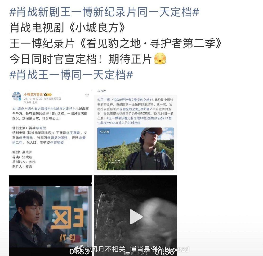 #肖战新剧王一博新纪录片同一天定档#
有人在小城的烟火气里抚平遗憾，有人在玉树的雪山下守护生灵。虽然题材南辕北辙，但在这个秋天，他们以同样的步调，交出了各自的满分答卷。 ​