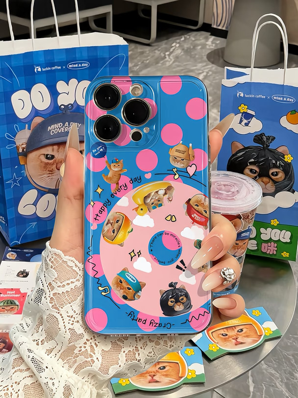 老天奶！这蓝粉波点CD猫手机壳太可爱了吧！