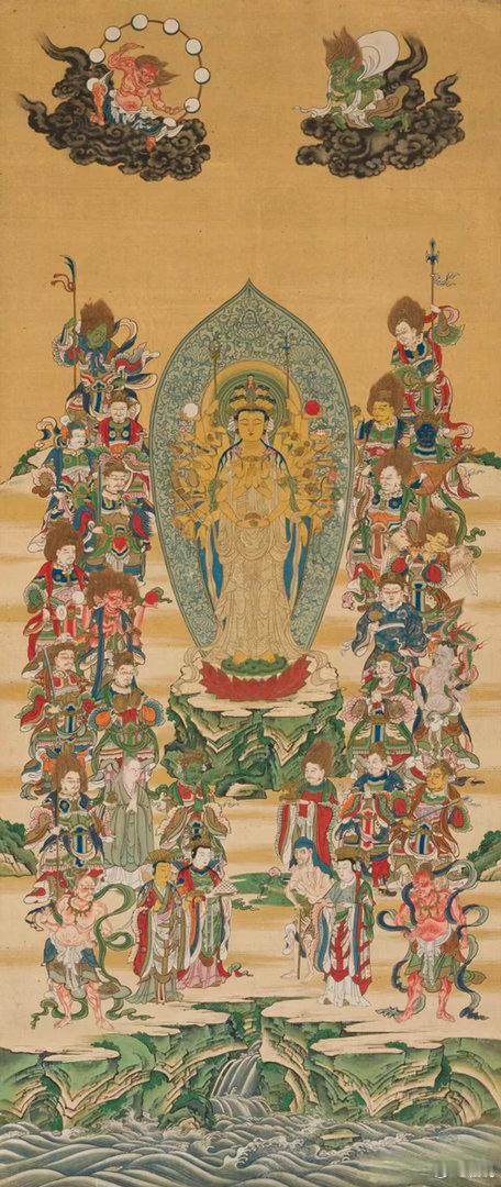 佛画 | 千手观音与二十八部众像这是一幅日本江户时代的佛画立轴，描绘了千手观音与二十八部众的宏大场面。画中主尊千手观音立于莲台之上，周围环绕着众神与护法，构图繁复，色彩华丽，是日本佛教艺术的典型代表作。