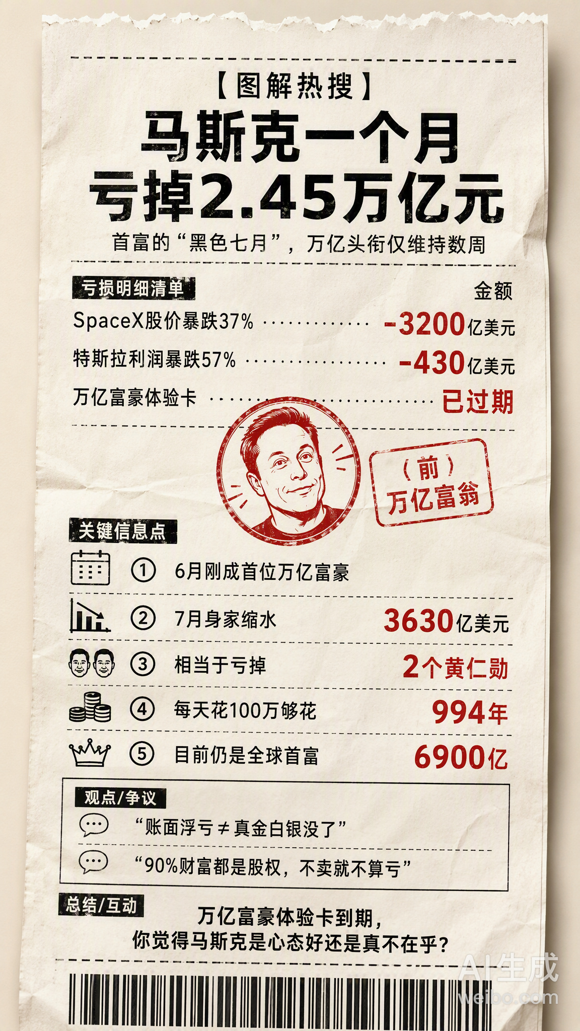 45万亿元马斯克遭遇了“黑色七月”，一个月账面财富缩水3630亿美元...