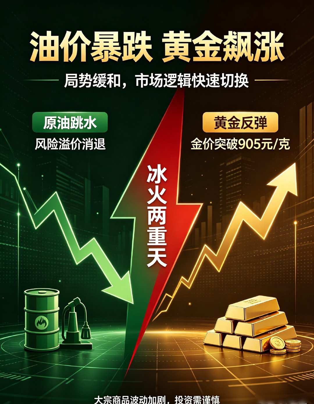 #油价暴跌黄金飙涨#
冰火两重天！
局势缓和→油价跌，通胀预期降温→黄金大涨
原油挤出战争避险溢价，国内实物金价已经突破905元/克。
⚠️地缘消息变数极大，大宗商品波动剧烈，不要盲目跟风入场。 ​