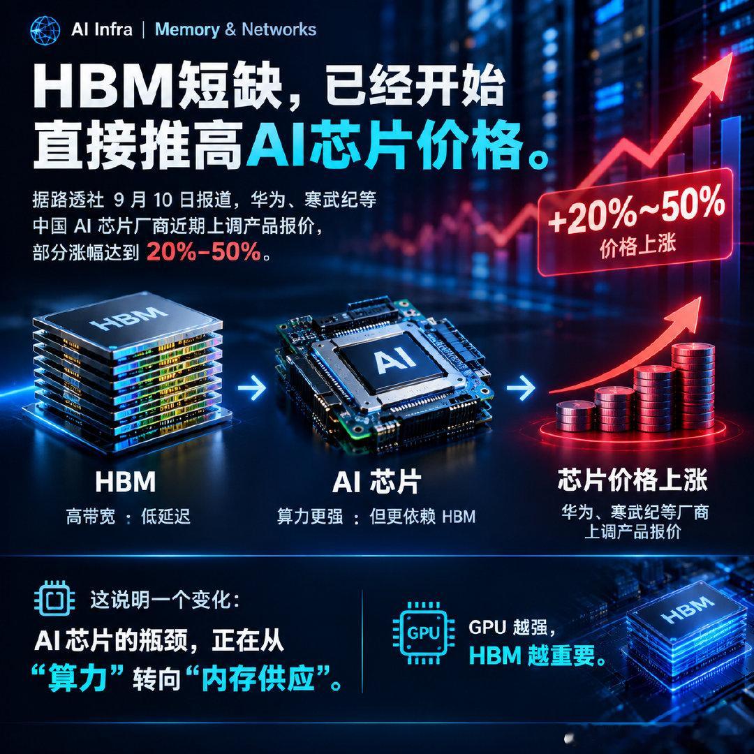 HBM短缺，已经开始直接推高AI芯片价格。
华为、寒武纪等AI芯片厂商近期上调产品报价，部分涨幅达到20%–50%。
这说明一个变化：
AI芯片的瓶颈，正在从“算力”转向“内存供应”。
GPU越强，HBM越重要。 ​