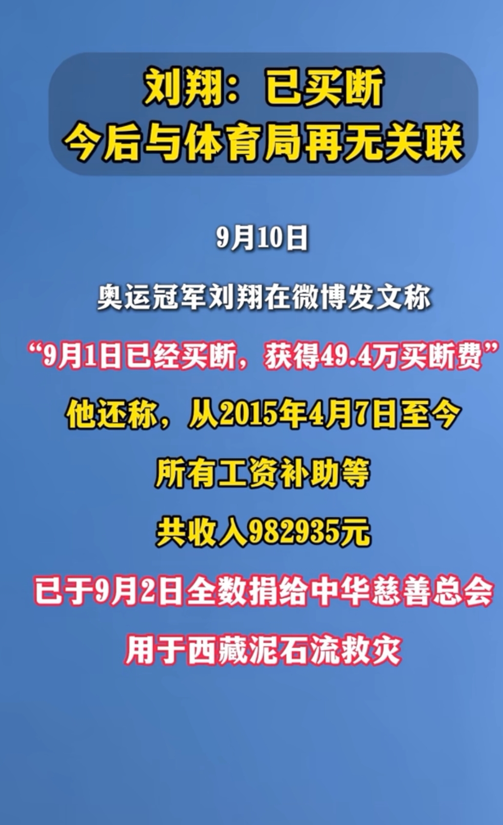 刘翔这事，我看明白了三点

刘翔把49.4万买断费拿了，把98万工资捐了，跟体育局彻底切割。这事闹了半个月，终于有了结果。

说实话，我看完刘翔的发文，心里挺不是滋味的。

第一，这事拖了11年才解决，本身就是问题。

刘翔2015年退役，到2025年才被通知“二选一”。这11年他既没拿岗位工资，也
