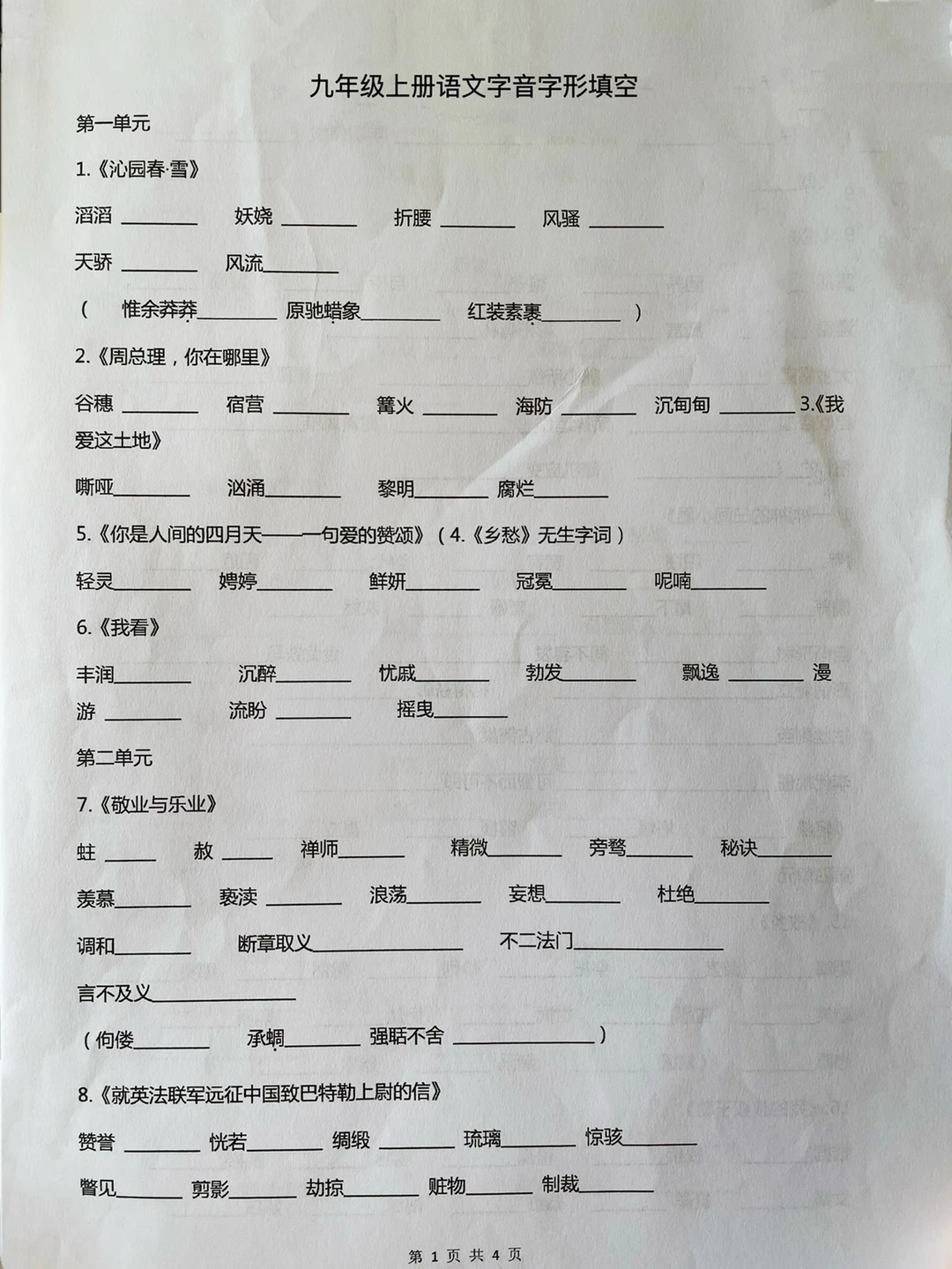 九年级上册语文，字音字形填空‼️
